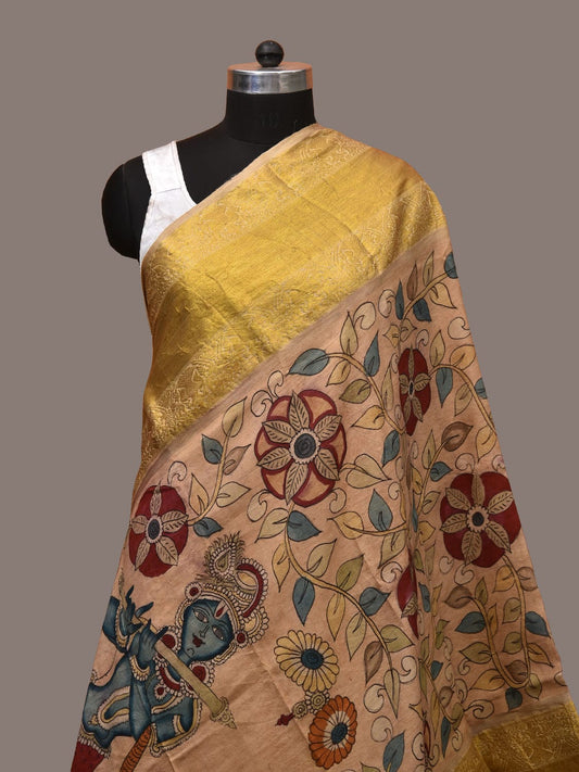 Cream Kalamkari Hand Painted Kanchipuram Silk Handloom Dupatta with Krishna and Radha Design - Global Threads | Swadesiicart