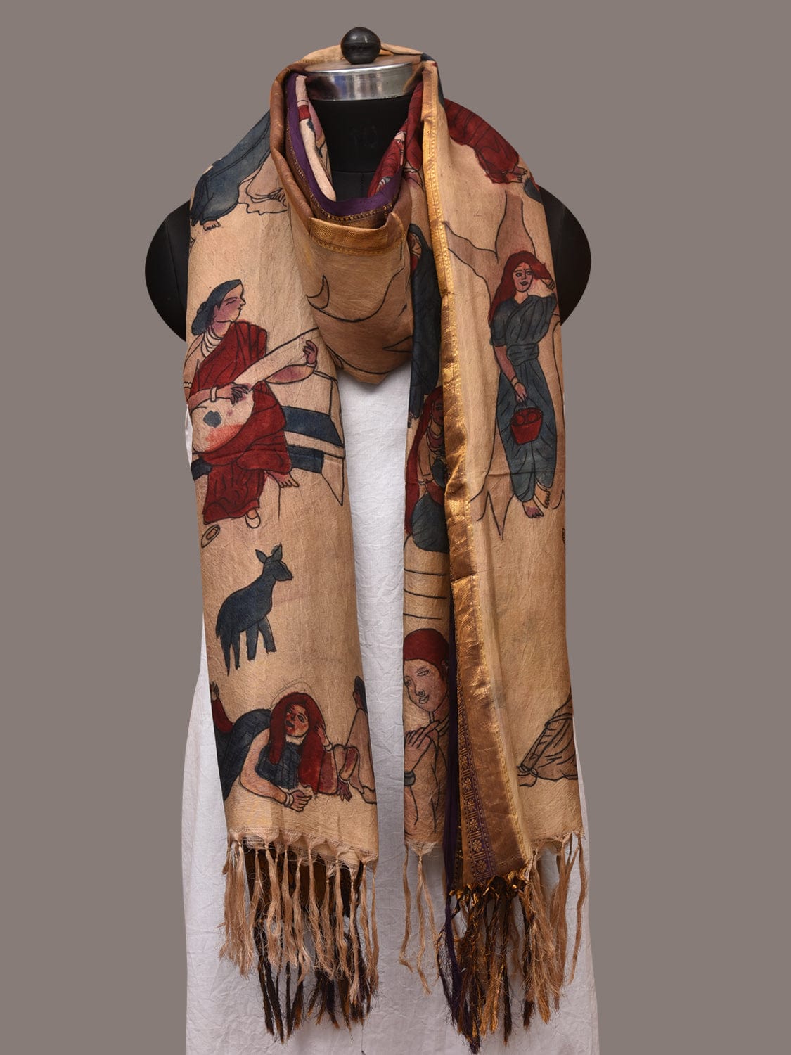 Cream Kalamkari Hand Painted Kanchipuram Silk Handloom Dupatta with Painting Design - Global Threads | Swadesiicart