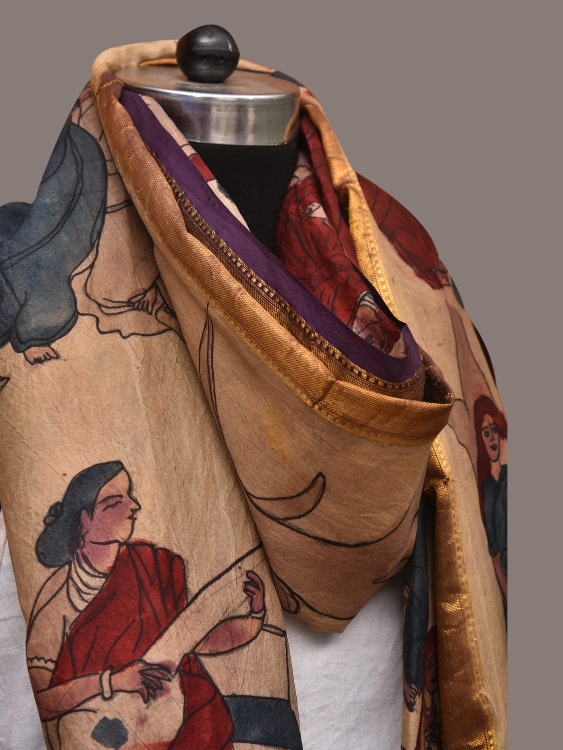 Cream Kalamkari Hand Painted Kanchipuram Silk Handloom Dupatta with Painting Design - Global Threads | Swadesiicart