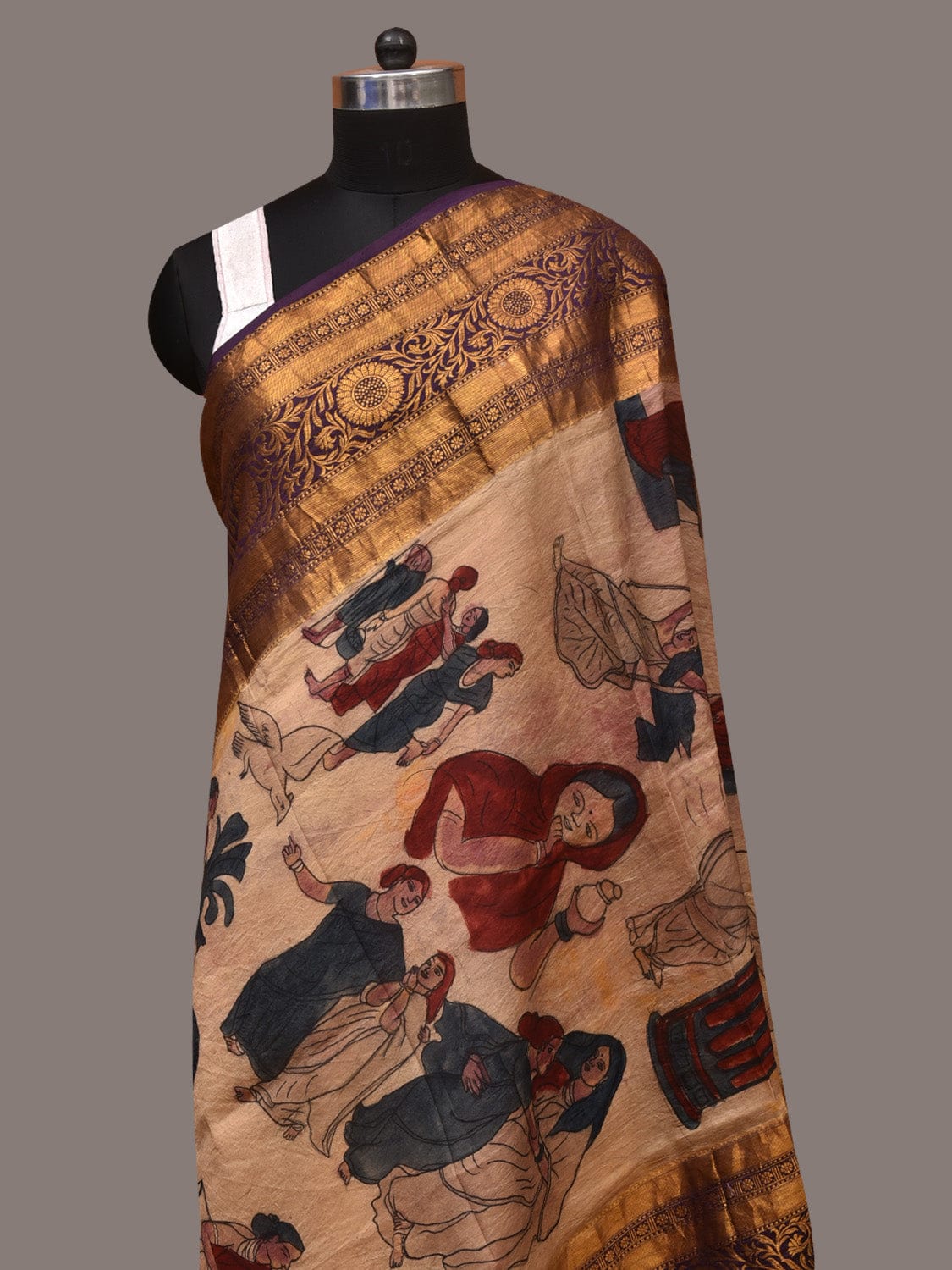 Cream Kalamkari Hand Painted Kanchipuram Silk Handloom Dupatta with Painting Design - Global Threads | Swadesiicart