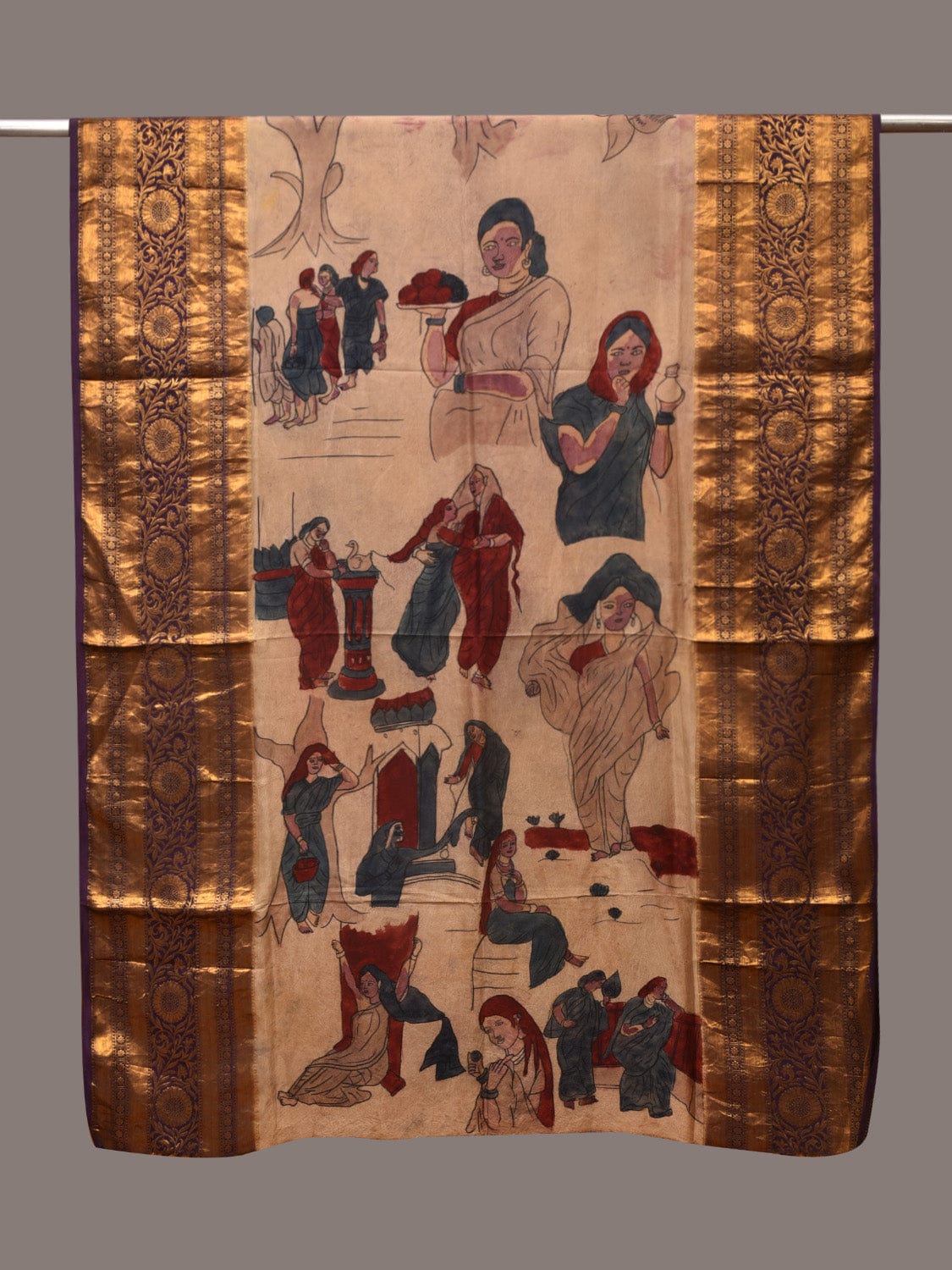 Cream Kalamkari Hand Painted Kanchipuram Silk Handloom Dupatta with Painting Design - Global Threads | Swadesiicart