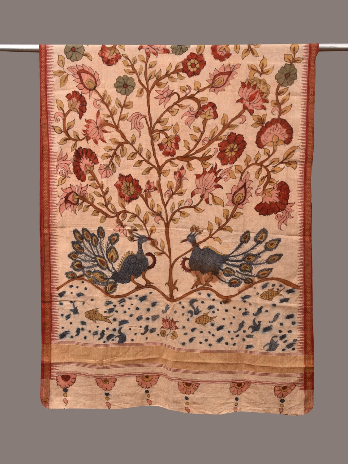 Cream Kalamkari Hand Painted Khadi Cotton Handloom Dupatta with Tree of Life Design - Global Threads | Swadesiicart