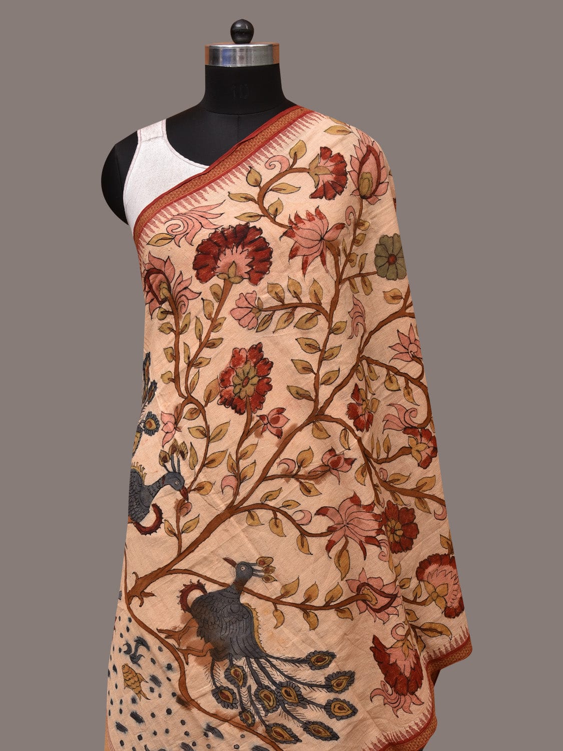 Cream Kalamkari Hand Painted Khadi Cotton Handloom Dupatta with Tree of Life Design - Global Threads | Swadesiicart