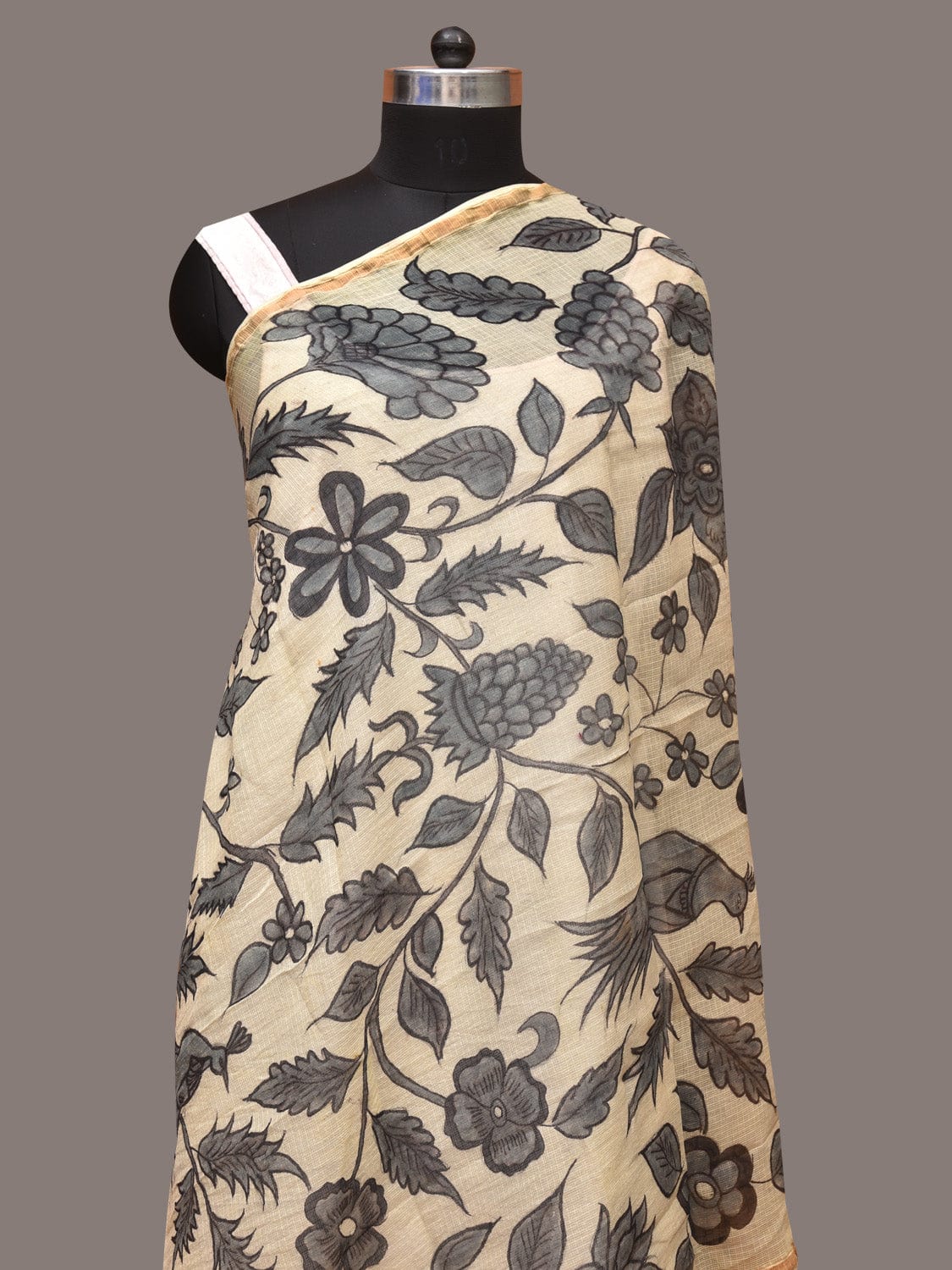 Cream Kalamkari Hand Painted Kota Silk Dupatta with Floral and Birds Design - Global Threads | Swadesiicart