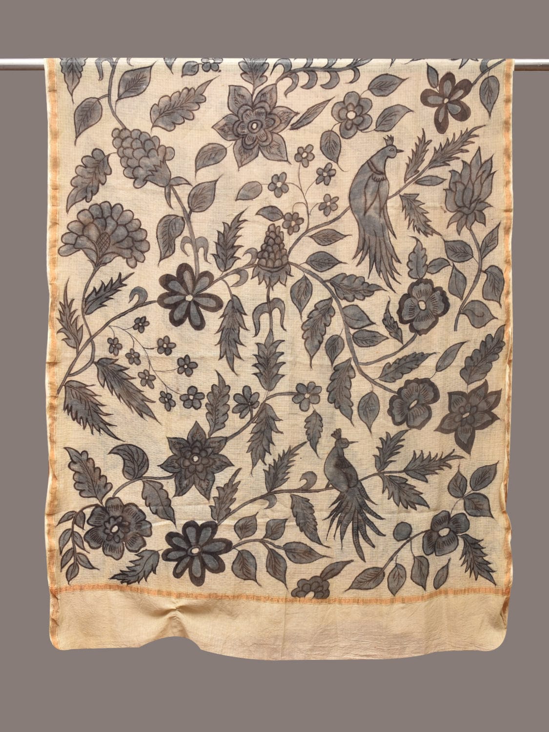 Cream Kalamkari Hand Painted Kota Silk Dupatta with Floral and Birds Design - Global Threads | Swadesiicart