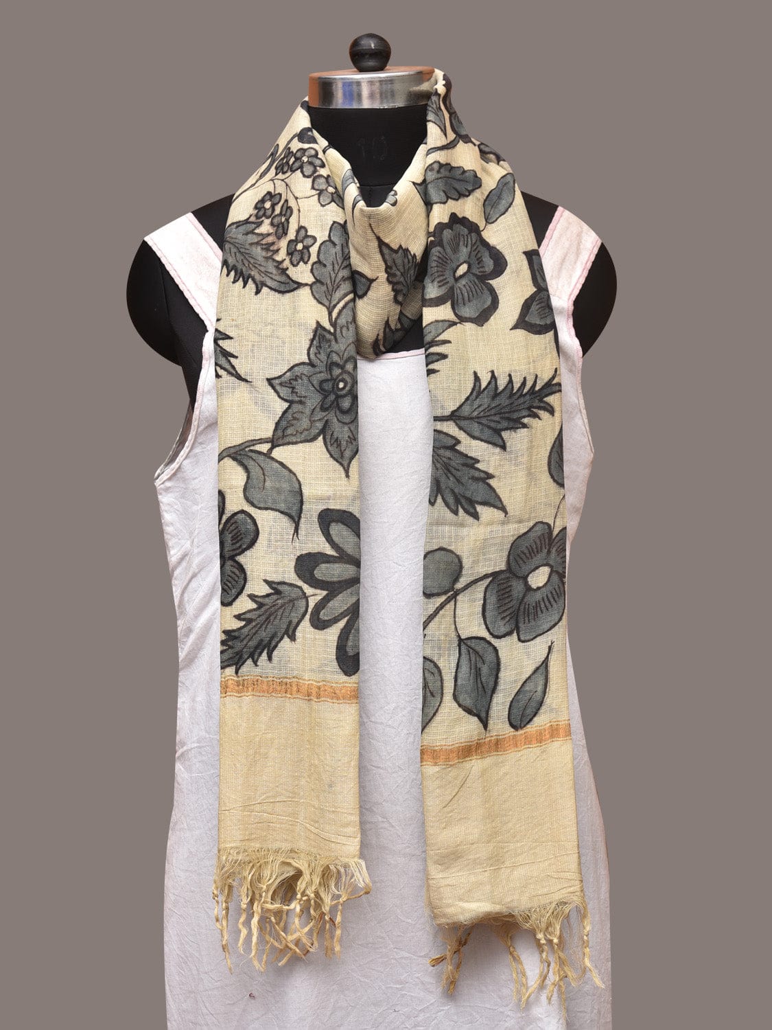 Cream Kalamkari Hand Painted Kota Silk Dupatta with Floral and Birds Design - Global Threads | Swadesiicart