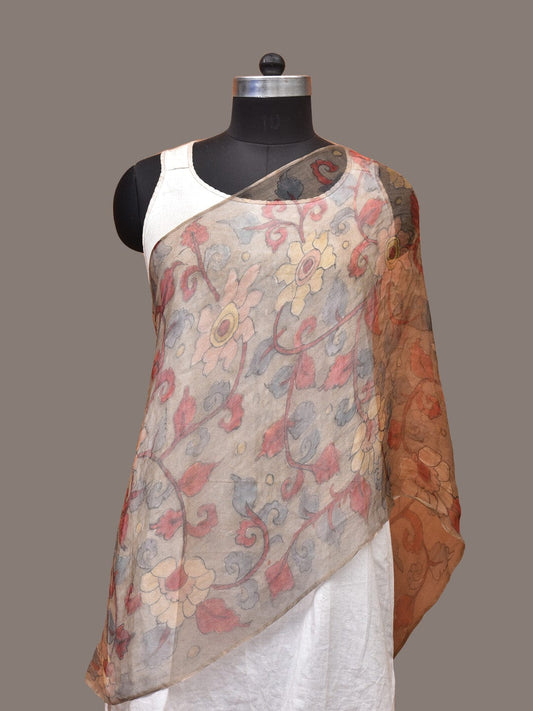 Cream Kalamkari Hand Painted Organza Stole with Floral Design - Global Threads | Swadesiicart