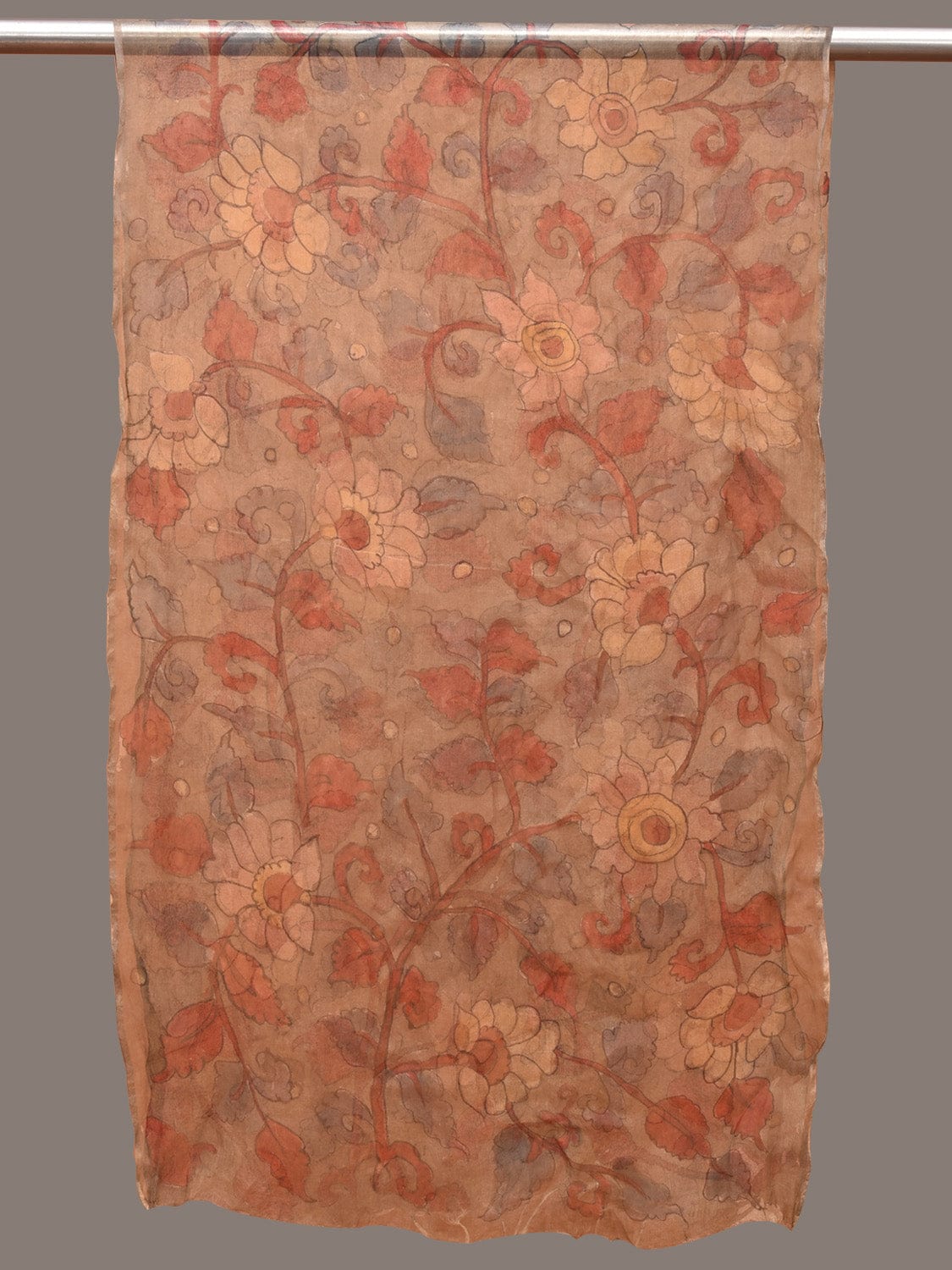 Cream Kalamkari Hand Painted Organza Stole with Floral Design - Global Threads | Swadesiicart