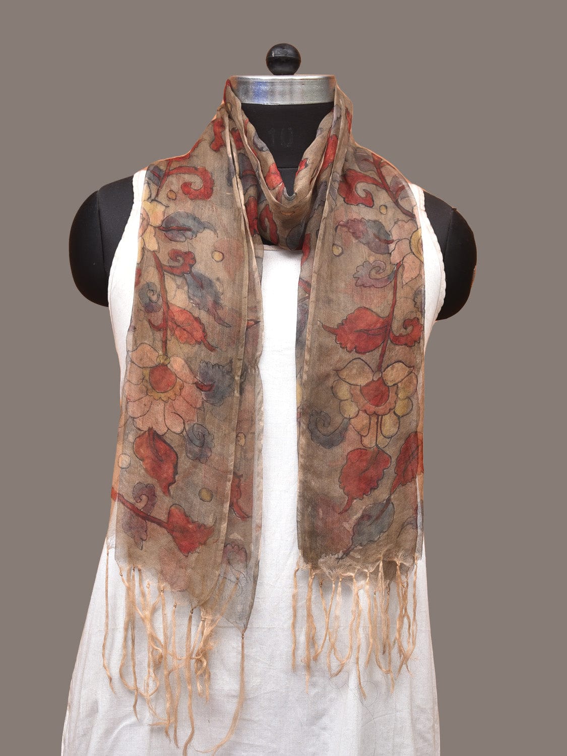 Cream Kalamkari Hand Painted Organza Stole with Floral Design - Global Threads | Swadesiicart