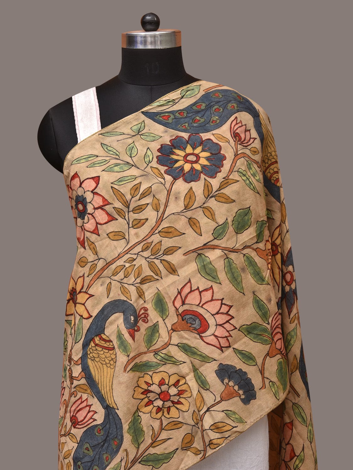 Cream Kalamkari Hand Painted Sico Stole with Floral and Peacocks Design - Global Threads | Swadesiicart
