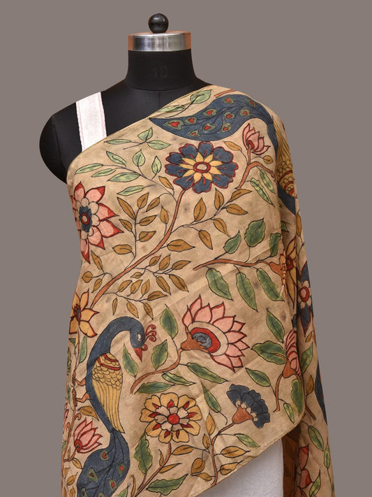 Cream Kalamkari Hand Painted Sico Stole with Floral and Peacocks Design - Global Threads | Swadesiicart