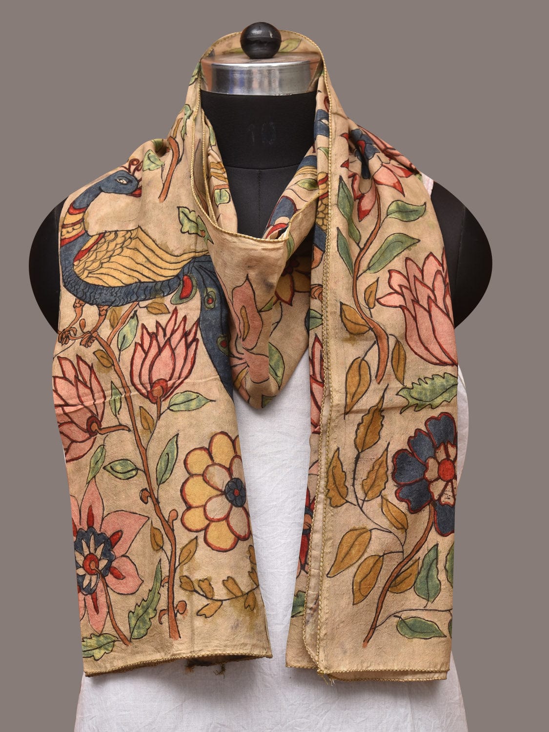 Cream Kalamkari Hand Painted Sico Stole with Floral and Peacocks Design - Global Threads | Swadesiicart