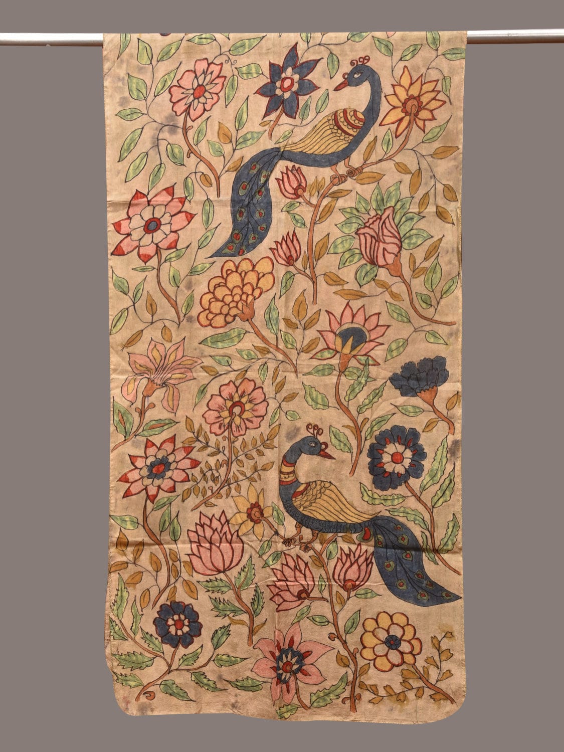 Cream Kalamkari Hand Painted Sico Stole with Floral and Peacocks Design - Global Threads | Swadesiicart