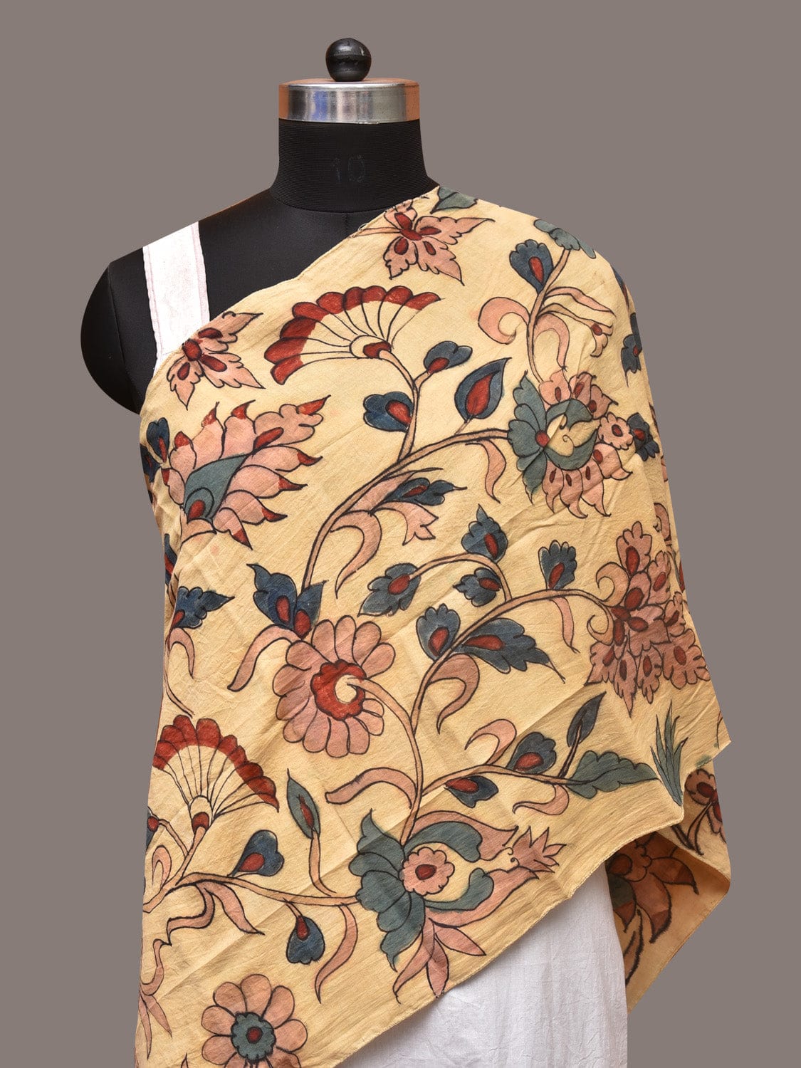 Cream Kalamkari Hand Painted Sico Stole with Floral Design - Global Threads | Swadesiicart