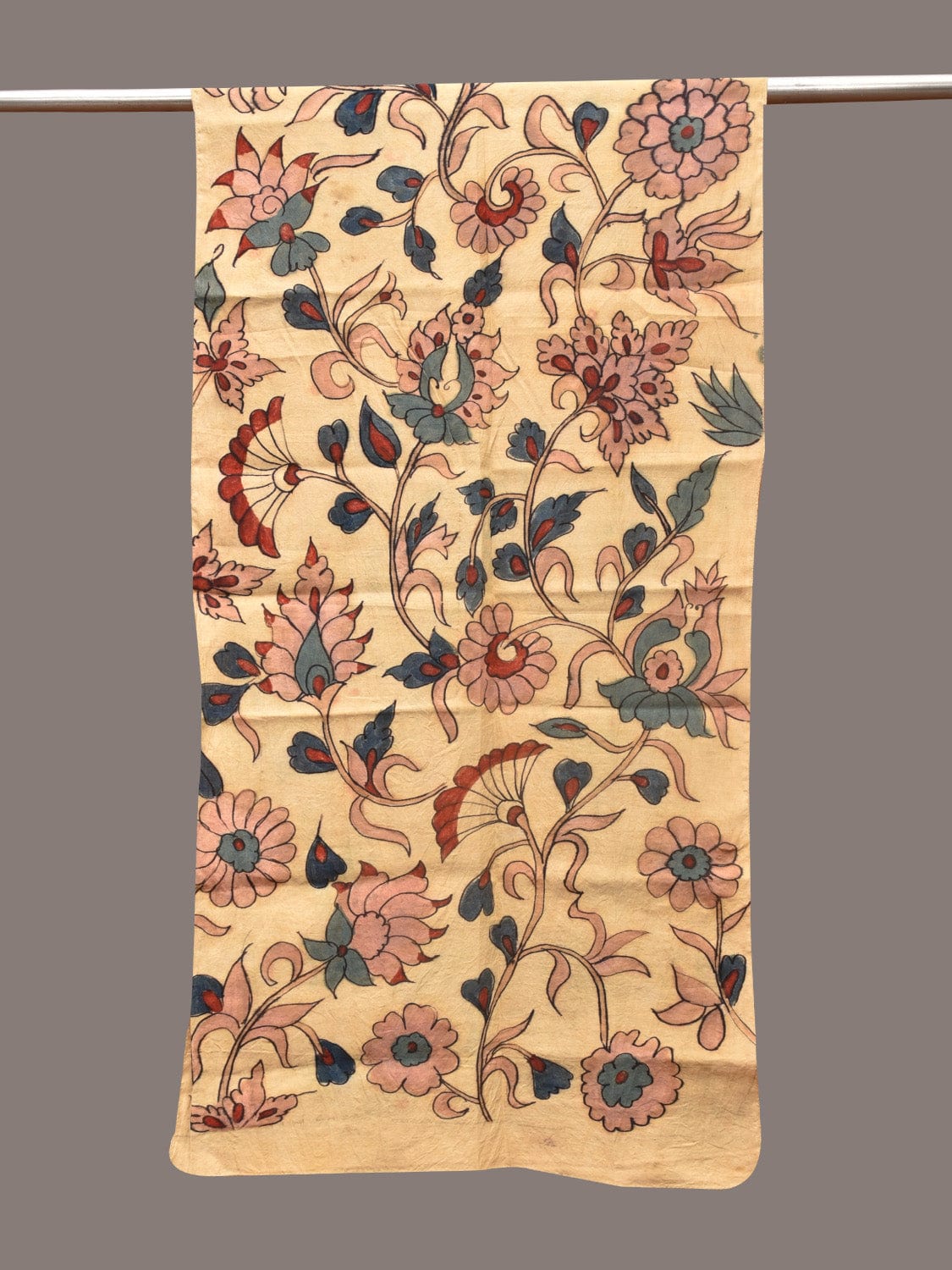 Cream Kalamkari Hand Painted Sico Stole with Floral Design - Global Threads | Swadesiicart