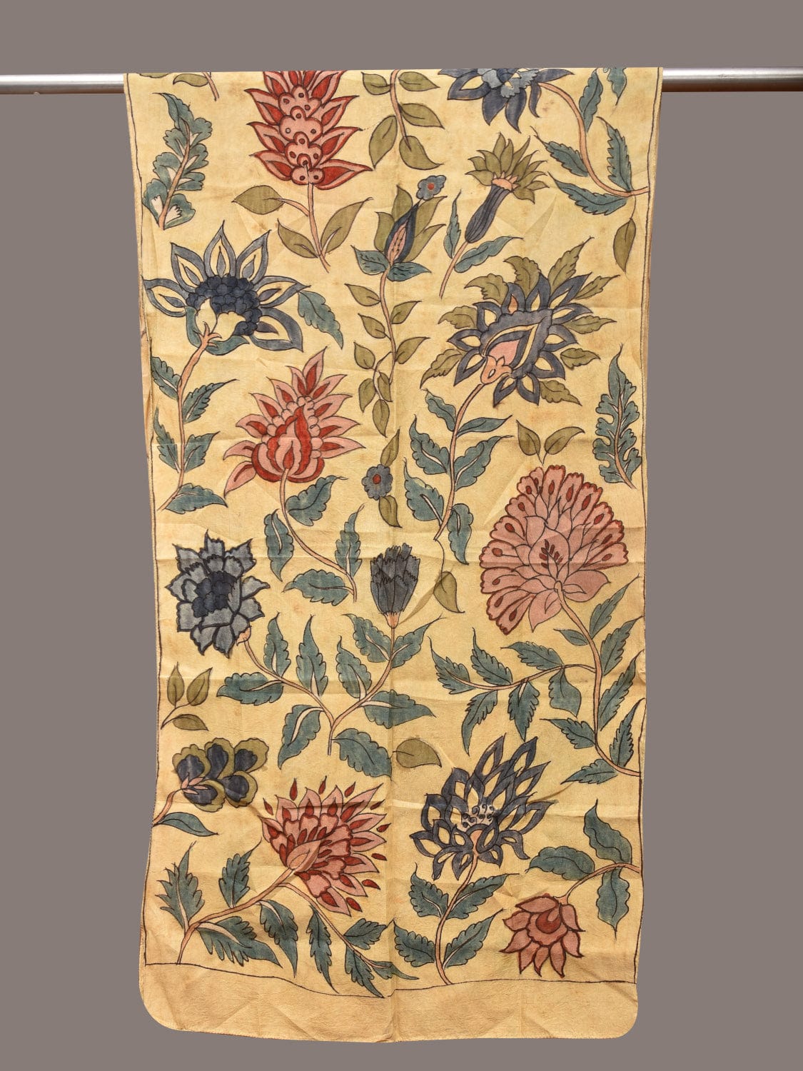 Cream Kalamkari Hand Painted Sico Stole with Floral Design - Global Threads | Swadesiicart