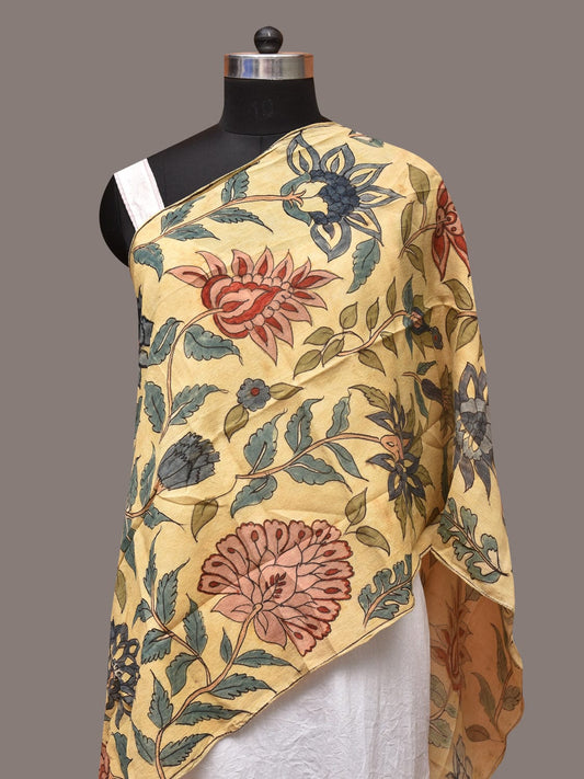 Cream Kalamkari Hand Painted Sico Stole with Floral Design - Global Threads | Swadesiicart