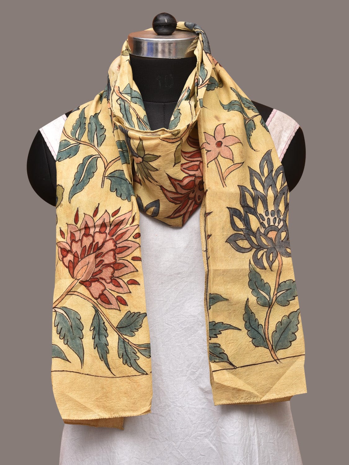 Cream Kalamkari Hand Painted Sico Stole with Floral Design - Global Threads | Swadesiicart