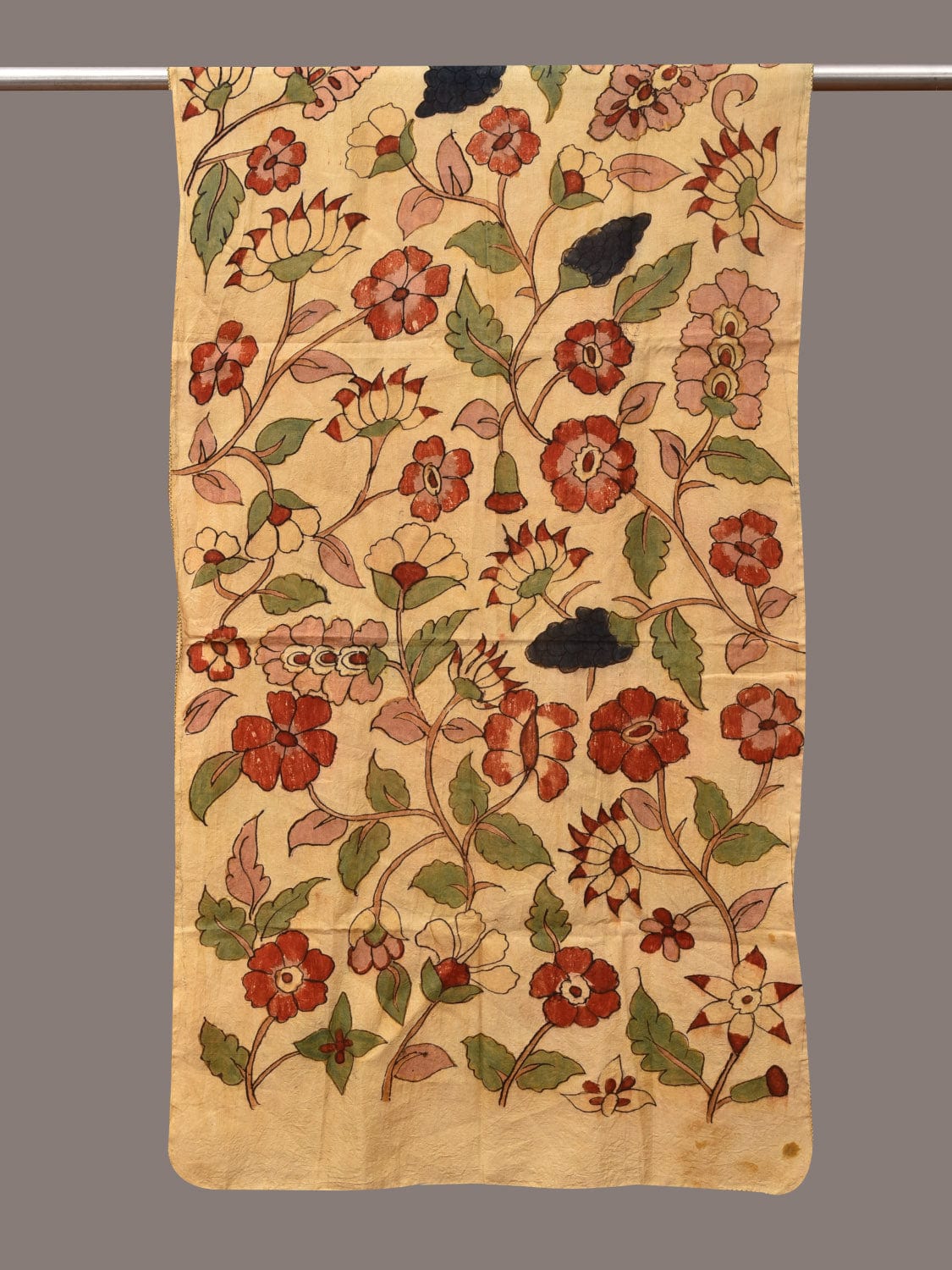 Cream Kalamkari Hand Painted Sico Stole with Floral Design - Global Threads | Swadesiicart