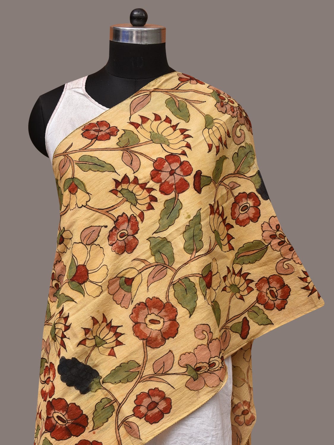 Cream Kalamkari Hand Painted Sico Stole with Floral Design - Global Threads | Swadesiicart