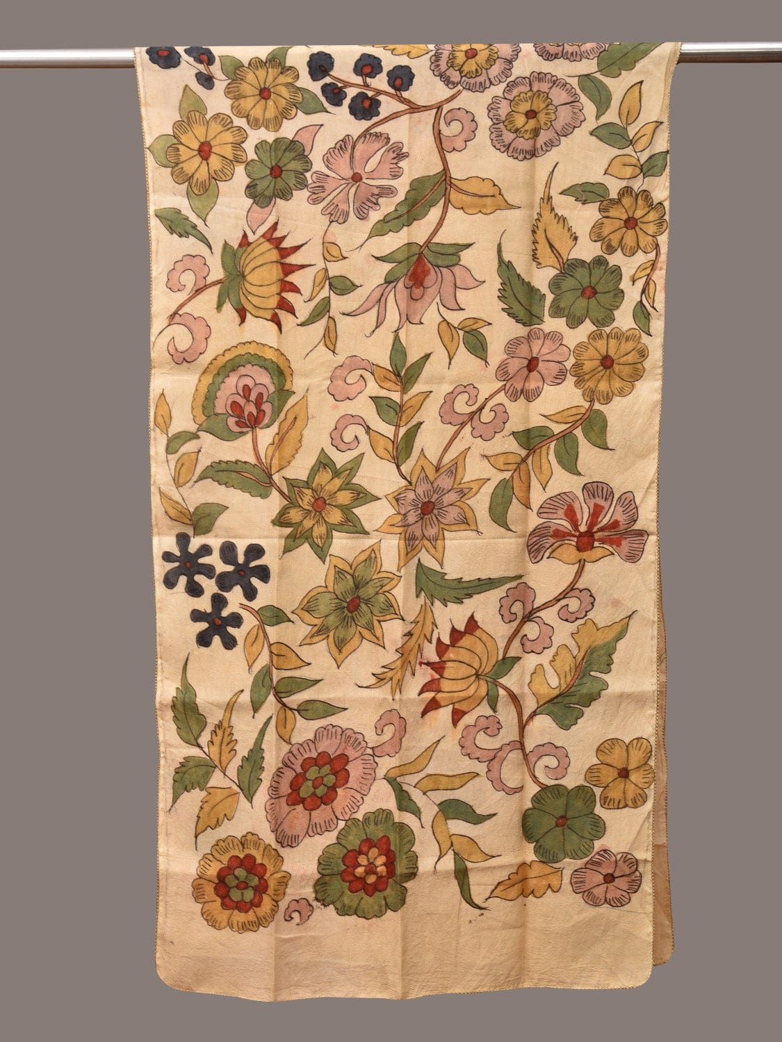 Cream Kalamkari Hand Painted Sico Stole with Floral Design - Global Threads | Swadesiicart