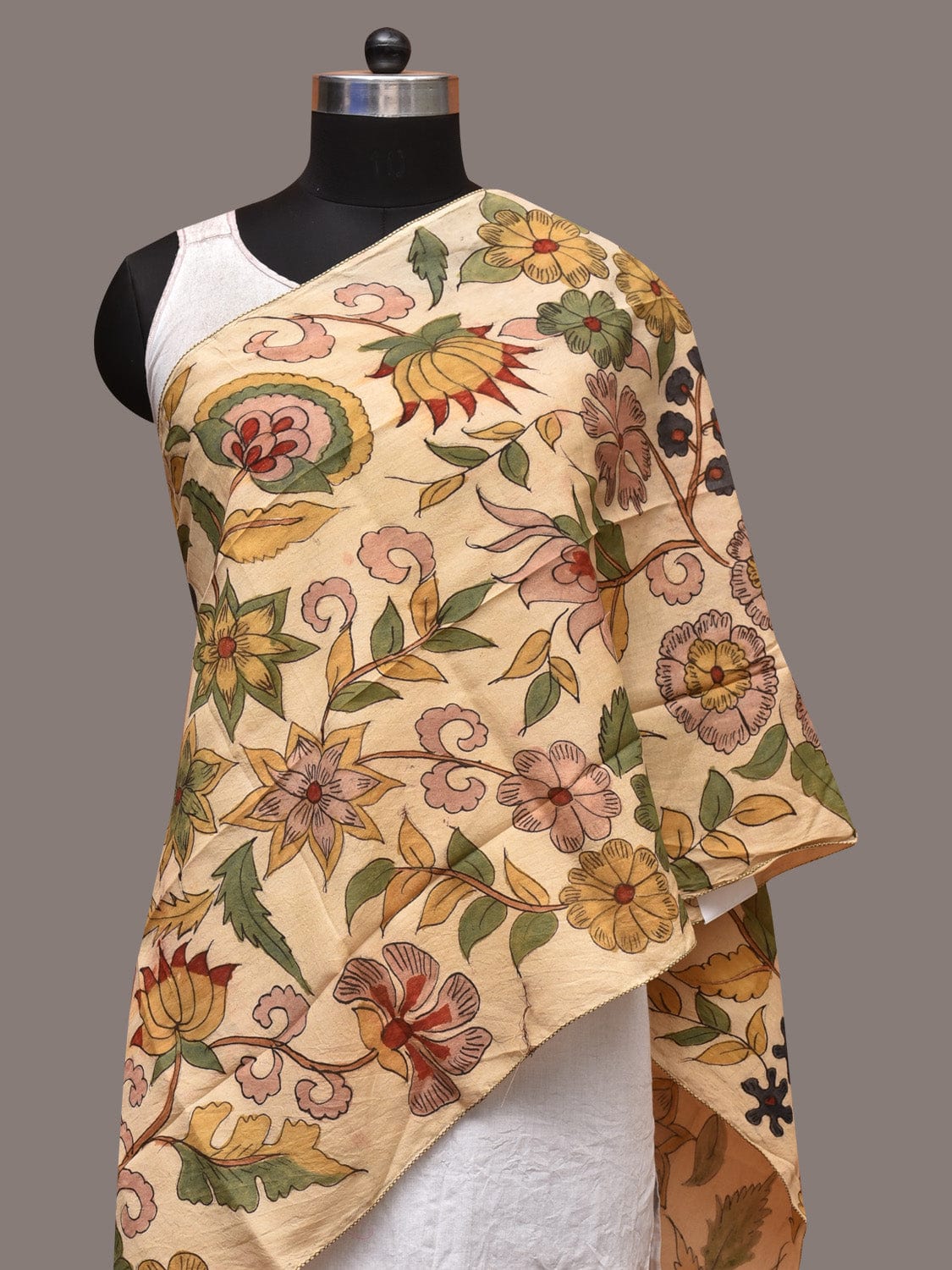 Cream Kalamkari Hand Painted Sico Stole with Floral Design - Global Threads | Swadesiicart