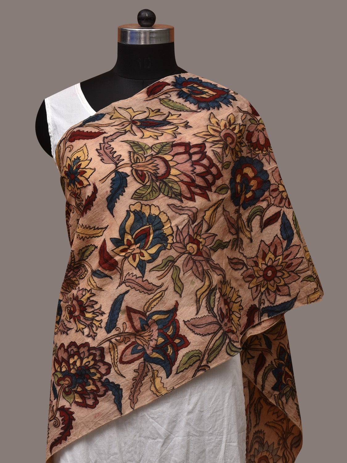 Cream Kalamkari Hand Painted Sico Stole with Floral Design - Global Threads | Swadesiicart