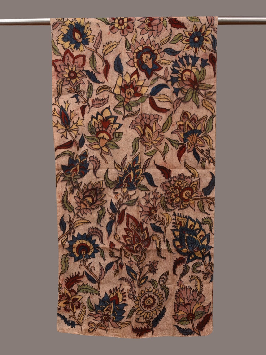Cream Kalamkari Hand Painted Sico Stole with Floral Design - Global Threads | Swadesiicart
