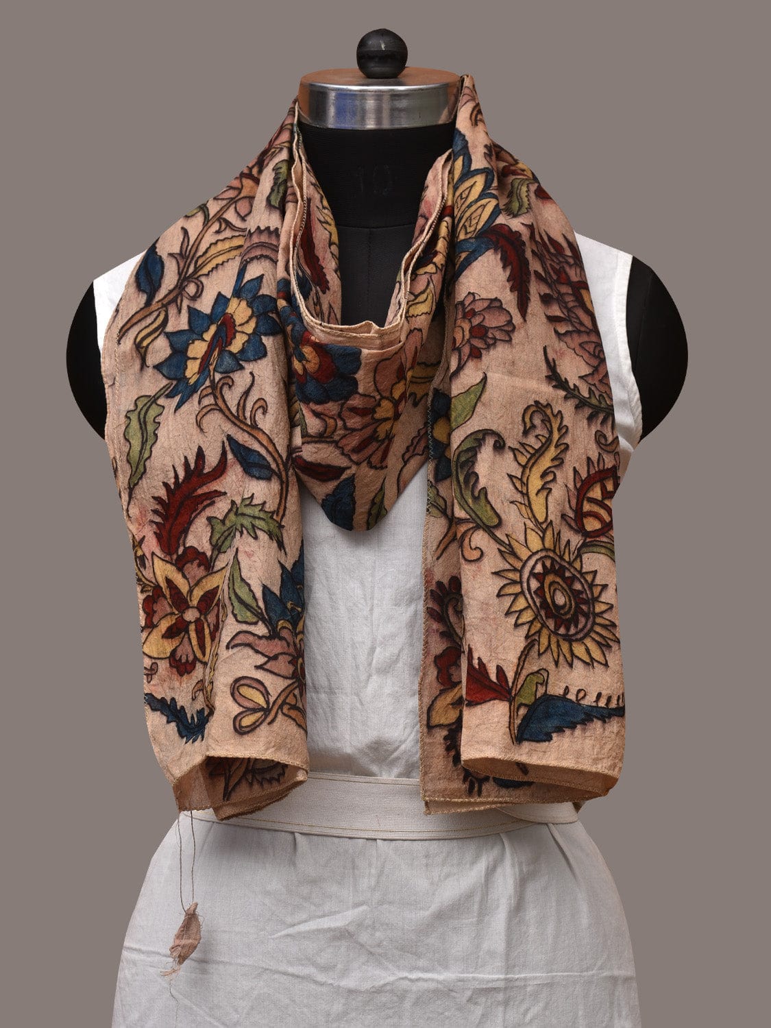 Cream Kalamkari Hand Painted Sico Stole with Floral Design - Global Threads | Swadesiicart