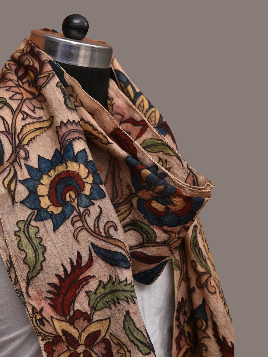 Cream Kalamkari Hand Painted Sico Stole with Floral Design - Global Threads | Swadesiicart
