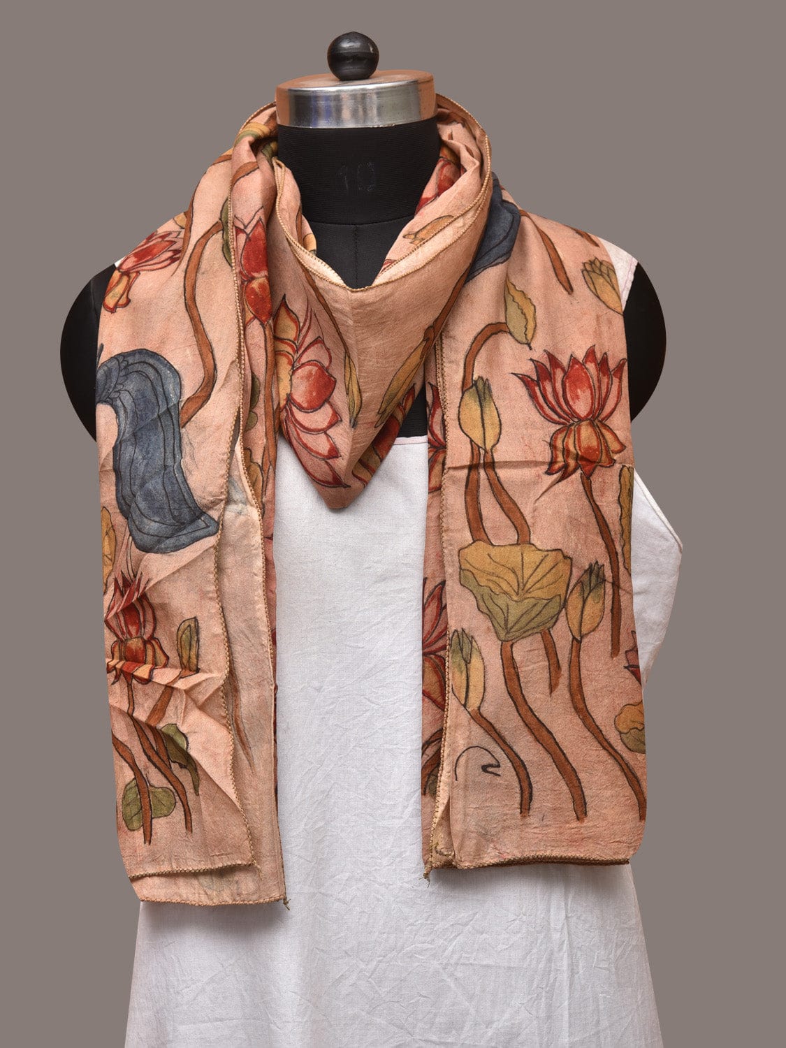 Cream Kalamkari Hand Painted Sico Stole with Lotus and Peacocks Design - Global Threads | Swadesiicart