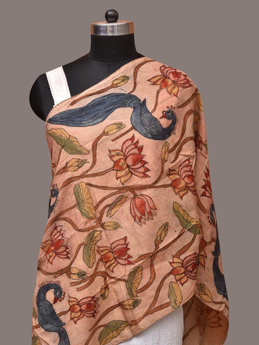 Cream Kalamkari Hand Painted Sico Stole with Lotus and Peacocks Design - Global Threads | Swadesiicart