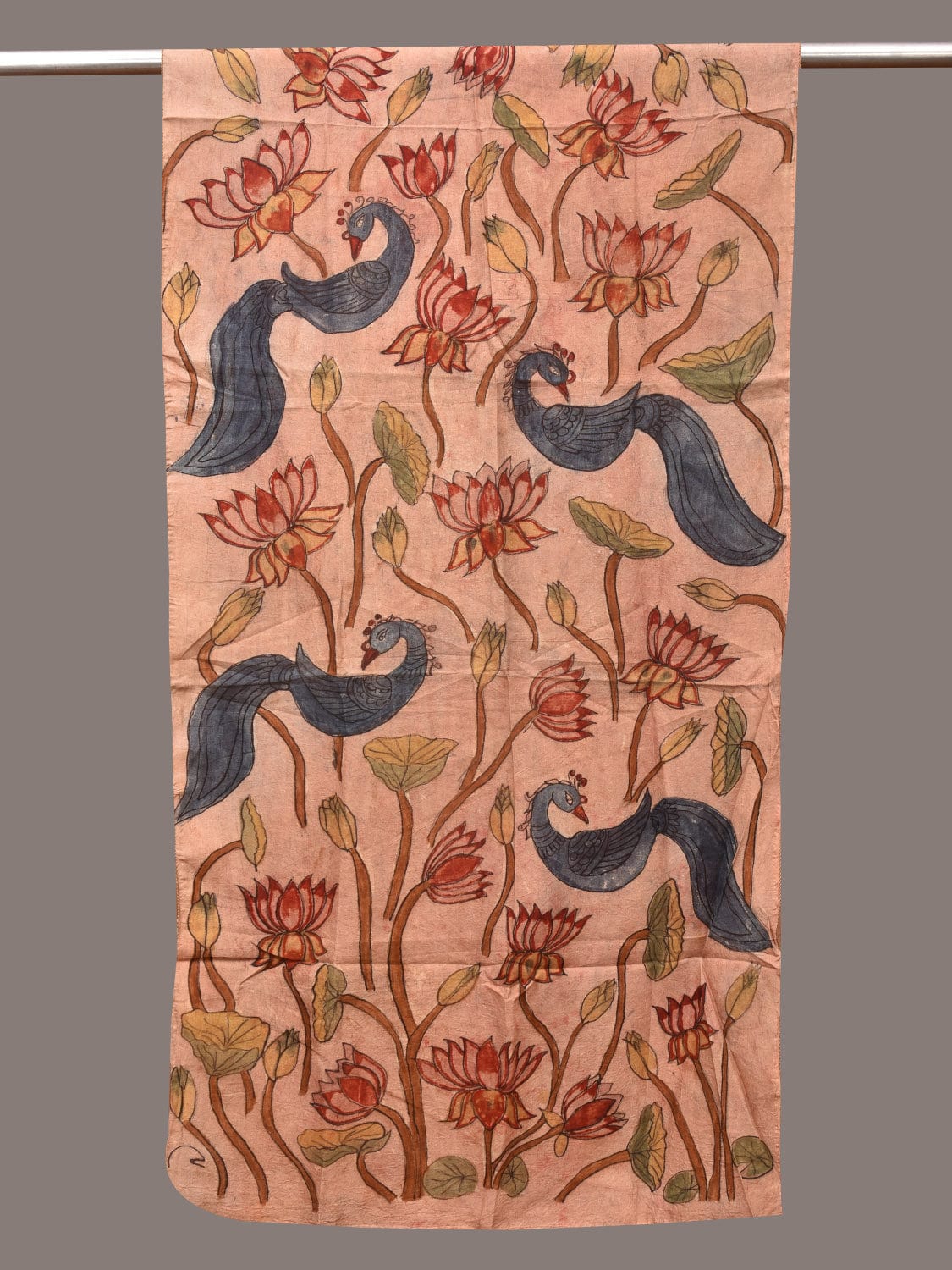 Cream Kalamkari Hand Painted Sico Stole with Lotus and Peacocks Design - Global Threads | Swadesiicart