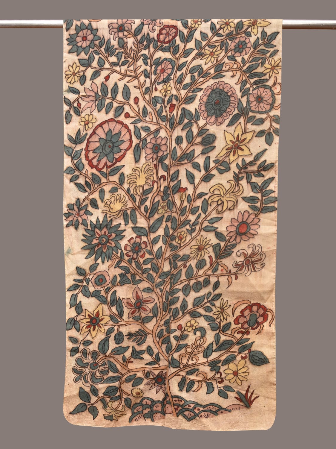 Cream Kalamkari Hand Painted Sico Stole with Tree of Life Design - Global Threads | Swadesiicart