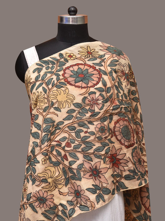 Cream Kalamkari Hand Painted Sico Stole with Tree of Life Design - Global Threads | Swadesiicart