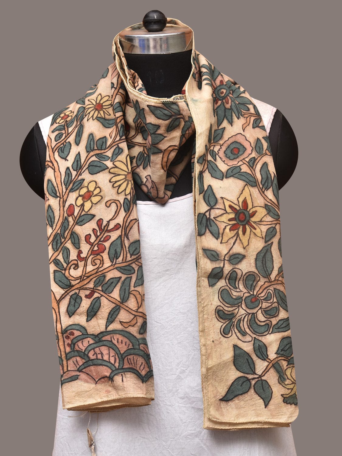 Cream Kalamkari Hand Painted Sico Stole with Tree of Life Design - Global Threads | Swadesiicart