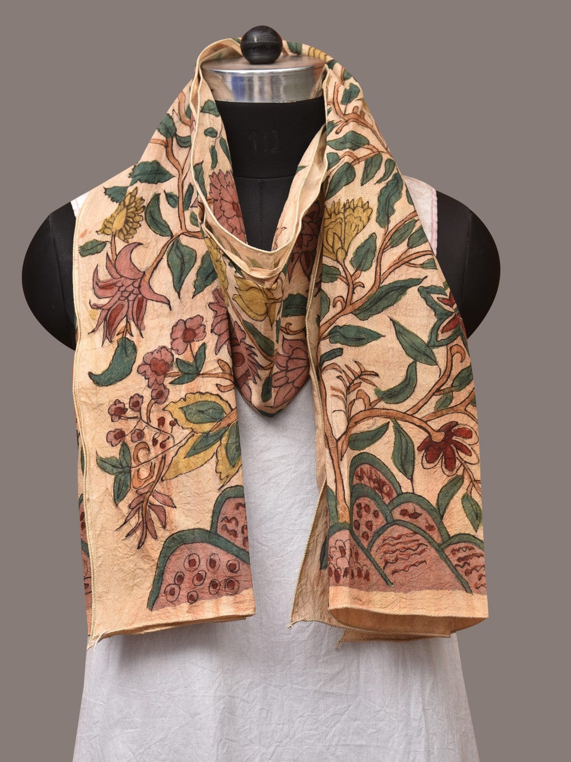 Cream Kalamkari Hand Painted Sico Stole with Tree of Life Design - Global Threads | Swadesiicart