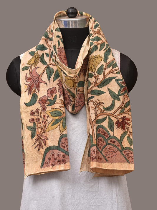 Cream Kalamkari Hand Painted Sico Stole with Tree of Life Design - Global Threads | Swadesiicart