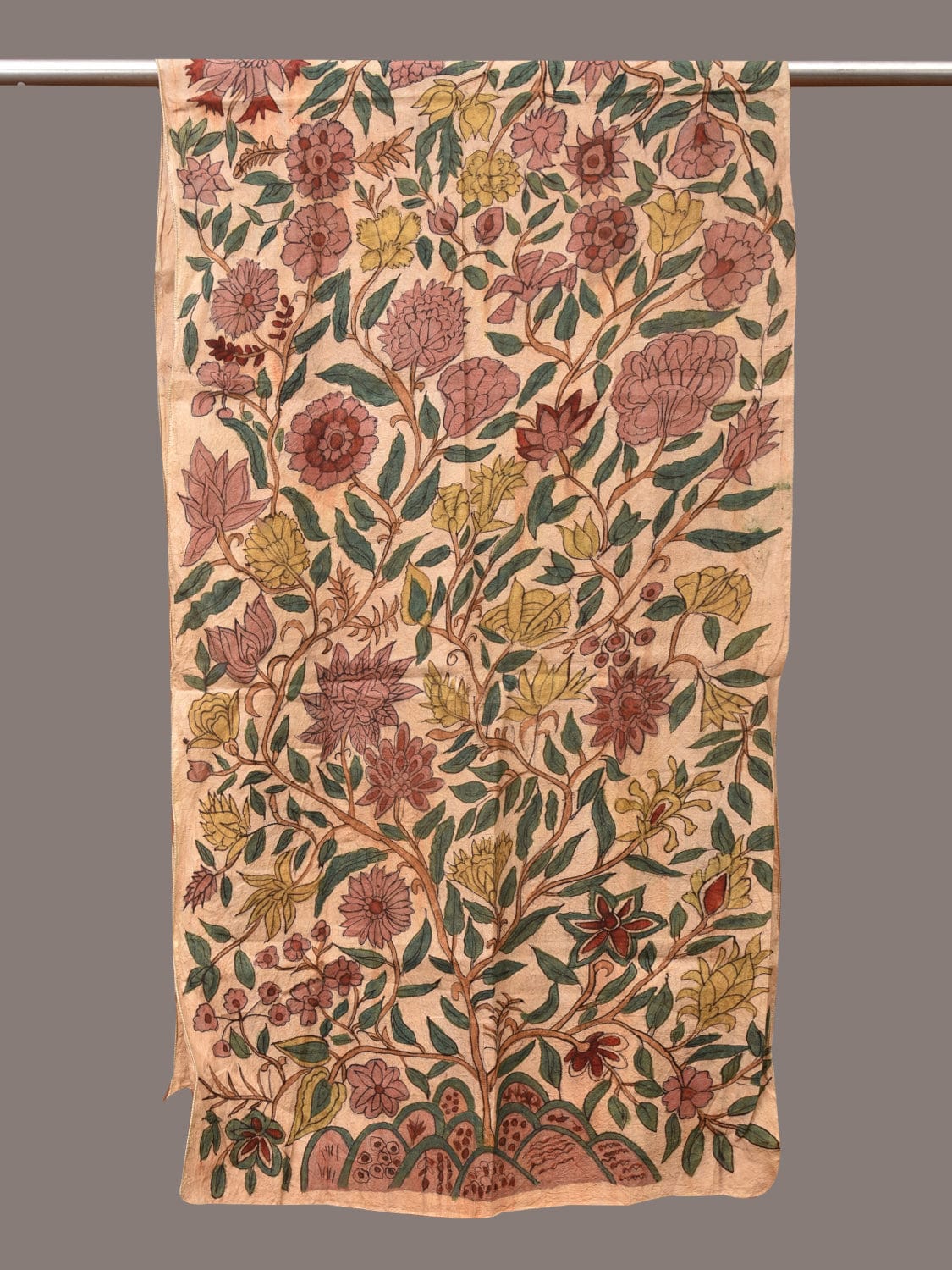 Cream Kalamkari Hand Painted Sico Stole with Tree of Life Design - Global Threads | Swadesiicart