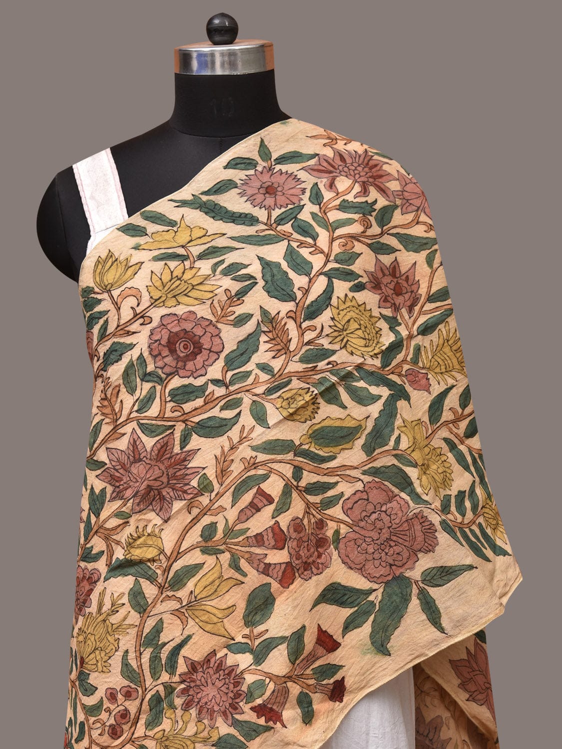 Cream Kalamkari Hand Painted Sico Stole with Tree of Life Design - Global Threads | Swadesiicart