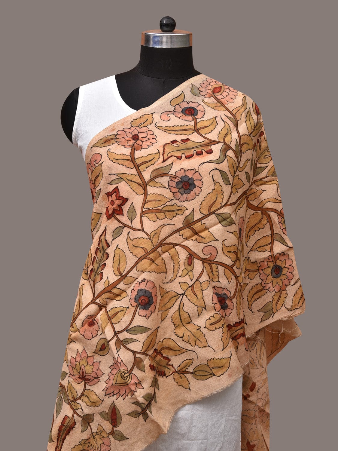 Cream Kalamkari Hand Painted Sico Stole with Tree of Life Design - Global Threads | Swadesiicart