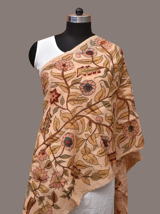 Cream Kalamkari Hand Painted Sico Stole with Tree of Life Design - Global Threads | Swadesiicart