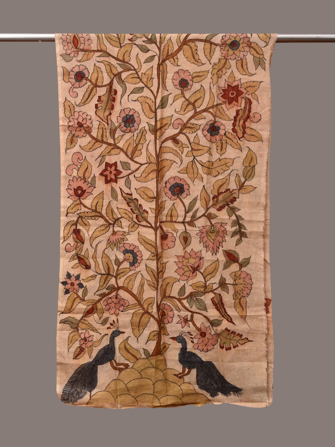 Cream Kalamkari Hand Painted Sico Stole with Tree of Life Design - Global Threads | Swadesiicart