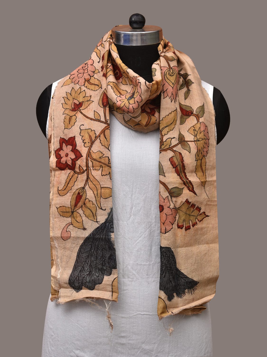 Cream Kalamkari Hand Painted Sico Stole with Tree of Life Design - Global Threads | Swadesiicart