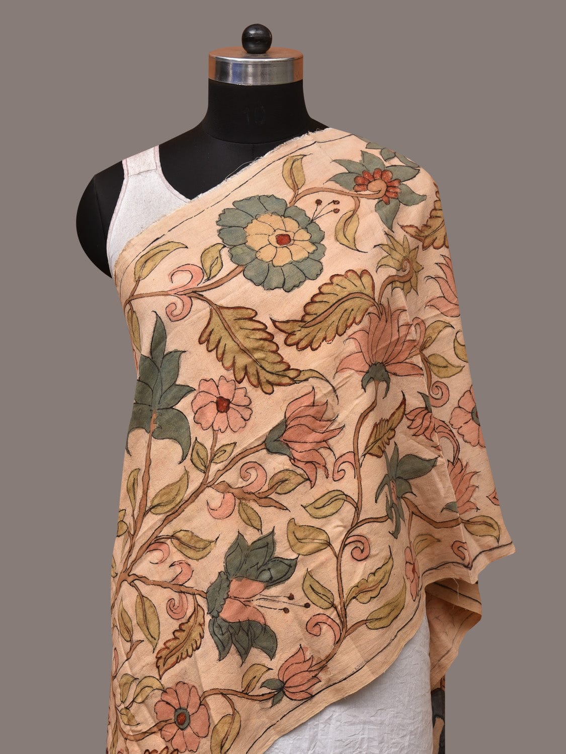 Cream Kalamkari Hand Painted Sico Stole with Tree of Life Design - Global Threads | Swadesiicart