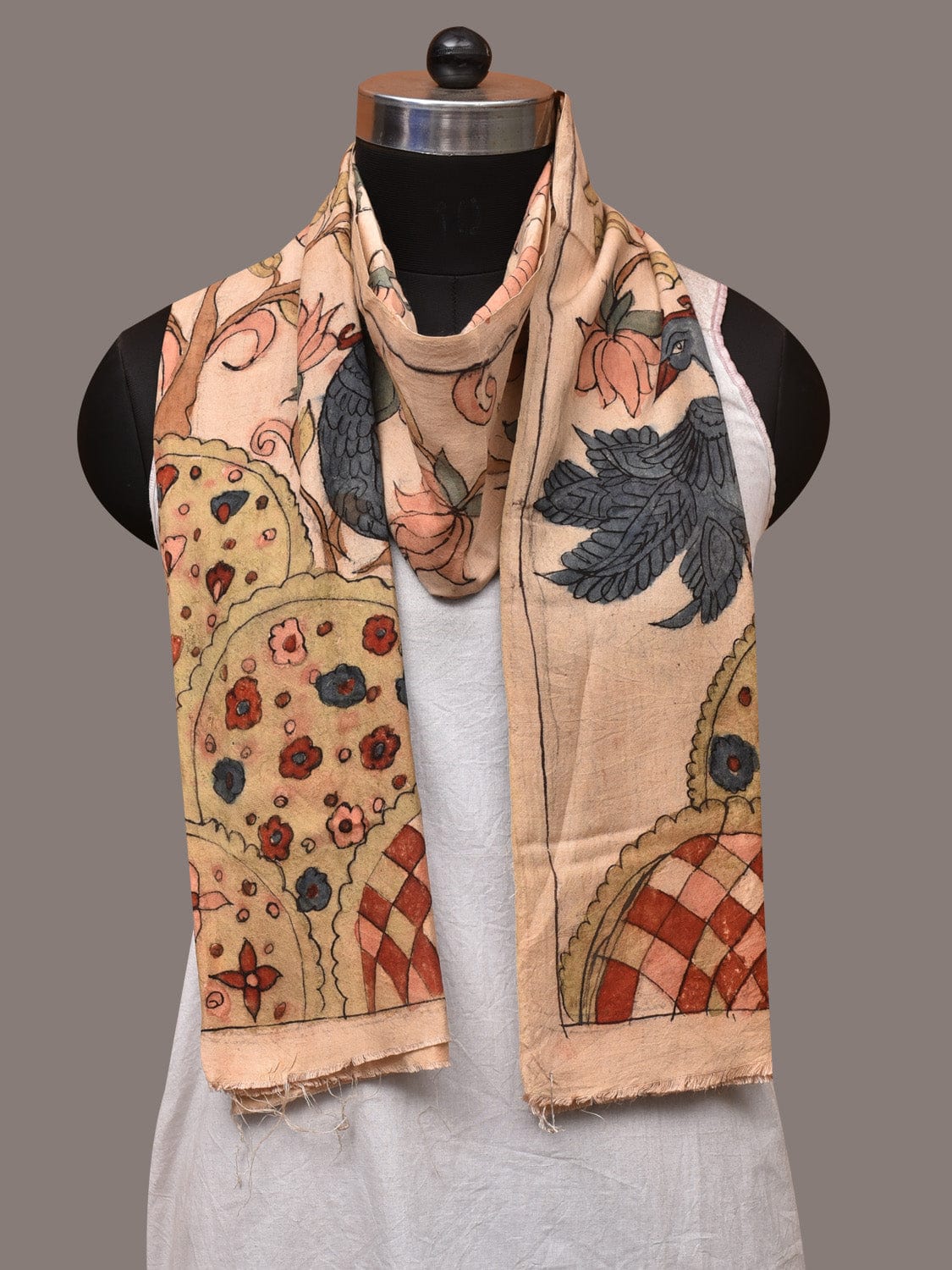 Cream Kalamkari Hand Painted Sico Stole with Tree of Life Design - Global Threads | Swadesiicart