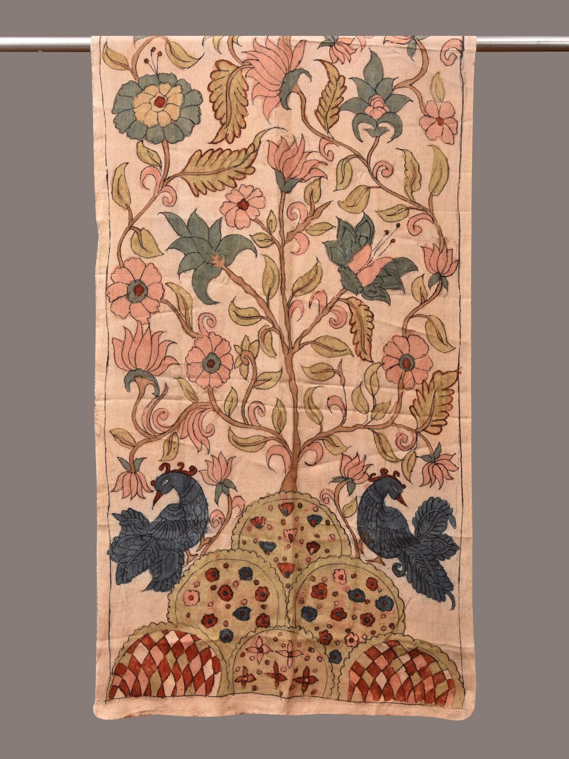 Cream Kalamkari Hand Painted Sico Stole with Tree of Life Design - Global Threads | Swadesiicart