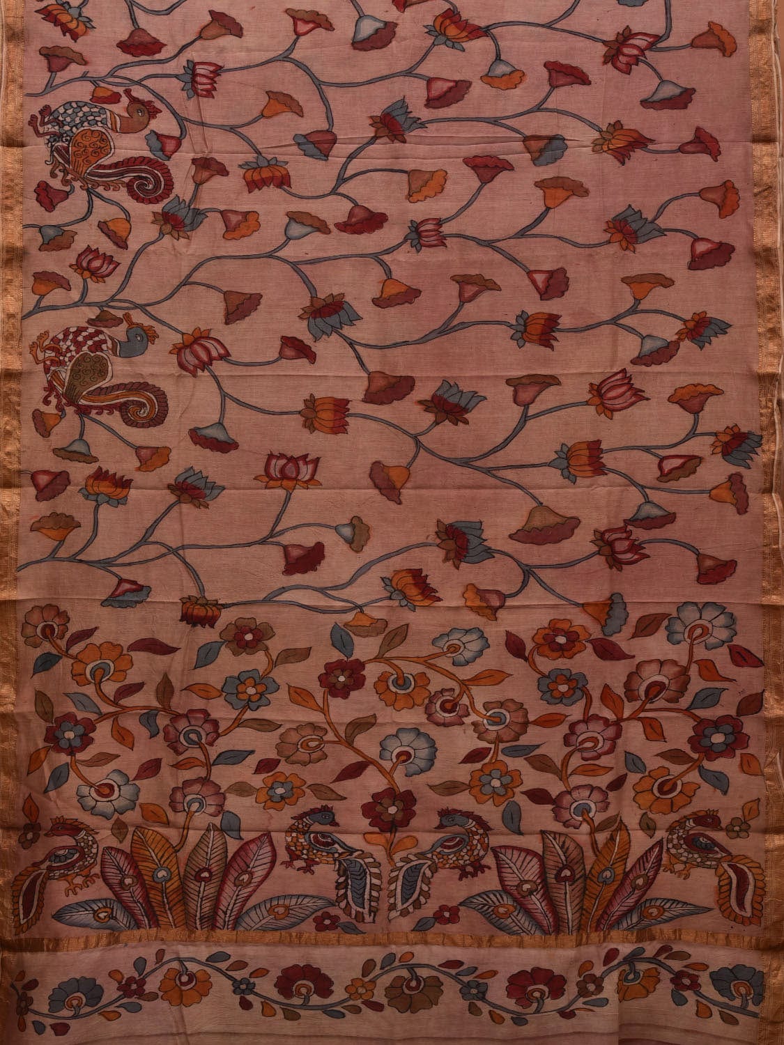 Cream Kalamkari Hand Painted Silk Muga Handloom Saree with Lotus and Birds Design - Global Threads | Swadesiicart