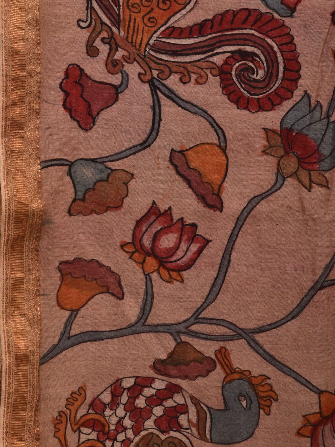 Cream Kalamkari Hand Painted Silk Muga Handloom Saree with Lotus and Birds Design - Global Threads | Swadesiicart