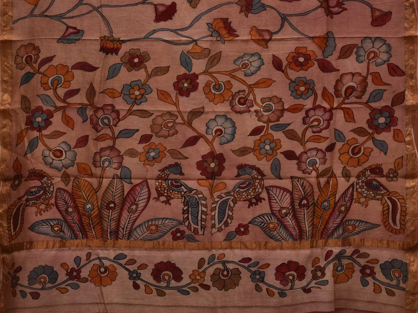 Cream Kalamkari Hand Painted Silk Muga Handloom Saree with Lotus and Birds Design - Global Threads | Swadesiicart